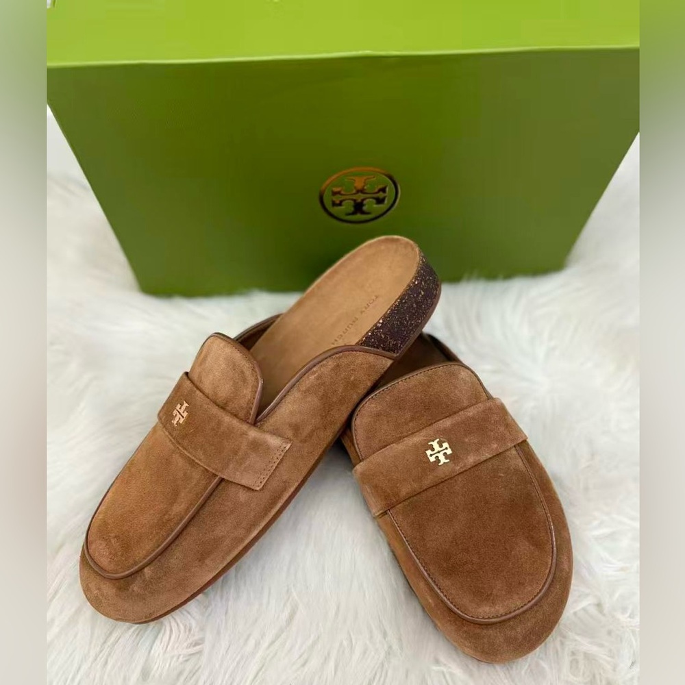 Tory Burch Everly Cork Suede Leather Mule Shoes - Picture 5 of 6